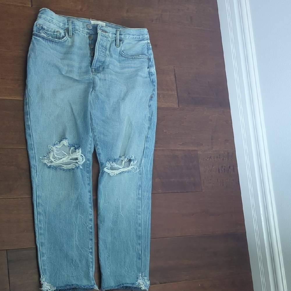 Frame Denim Blue Ankle Cropped Jeans with Distressed Details